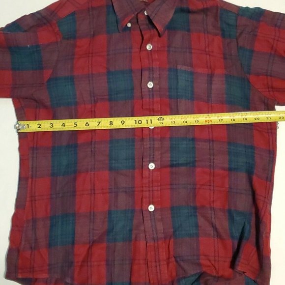 Vintage VAN HEUSEN Vanopress Wool Flannel Loop Collar Red Green Plaid Shirt Sz M - Picture 7 of 8